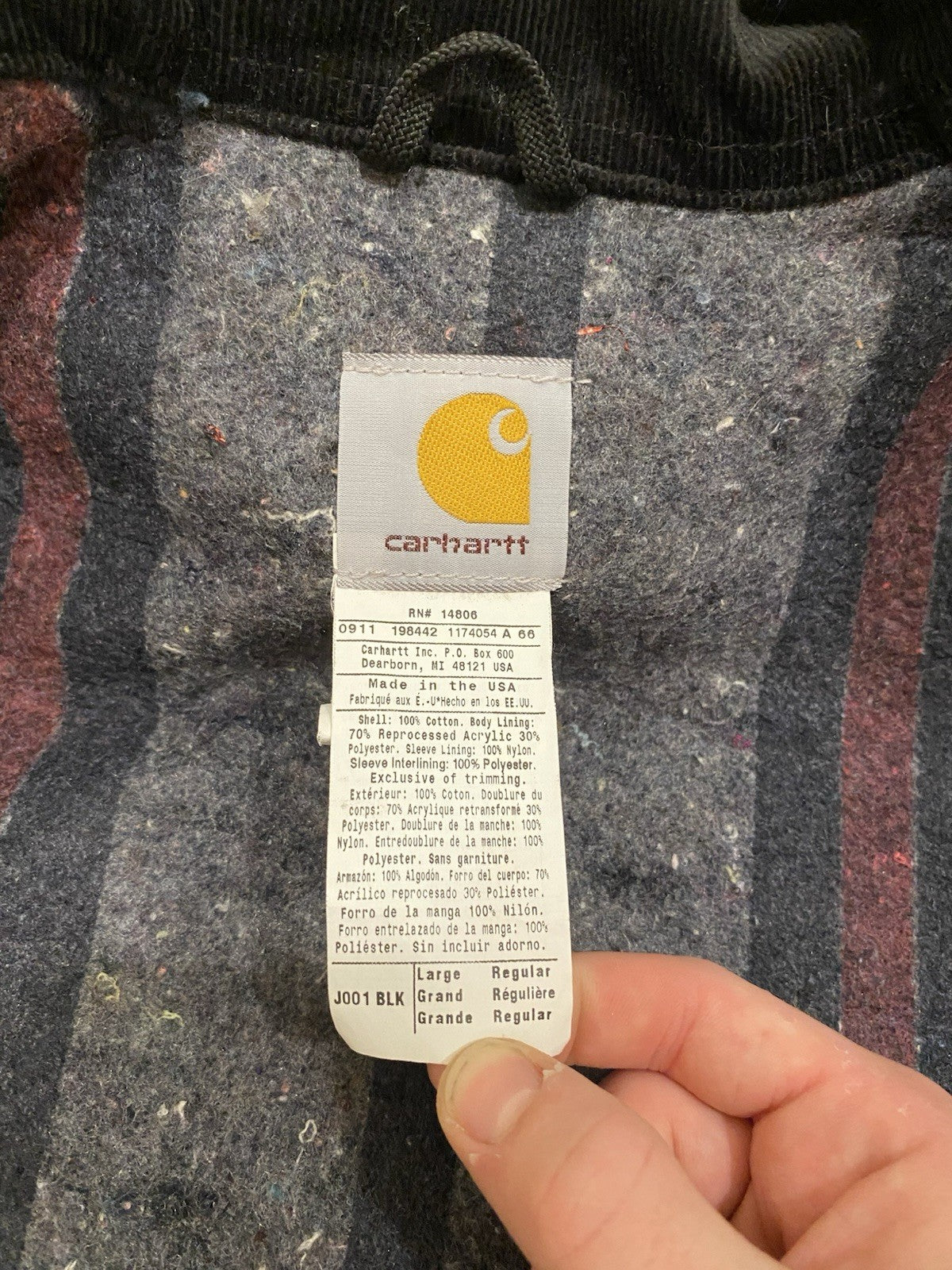 Vintage Carhartt Black Detroit Blanket Lined Jacket Size Large USA J001 BLK