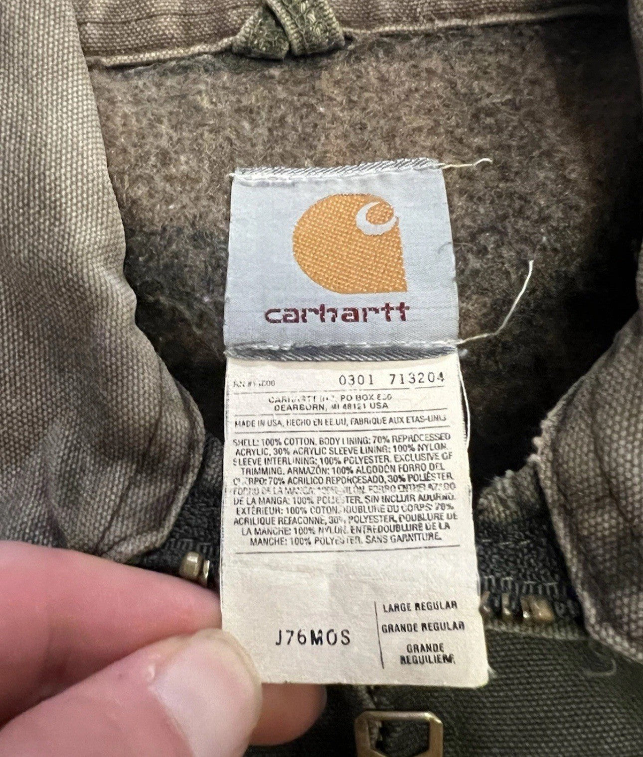 Vintage Carhartt Detroit J76 MOS Green Flannel Lined Jacket Men’s Size Large