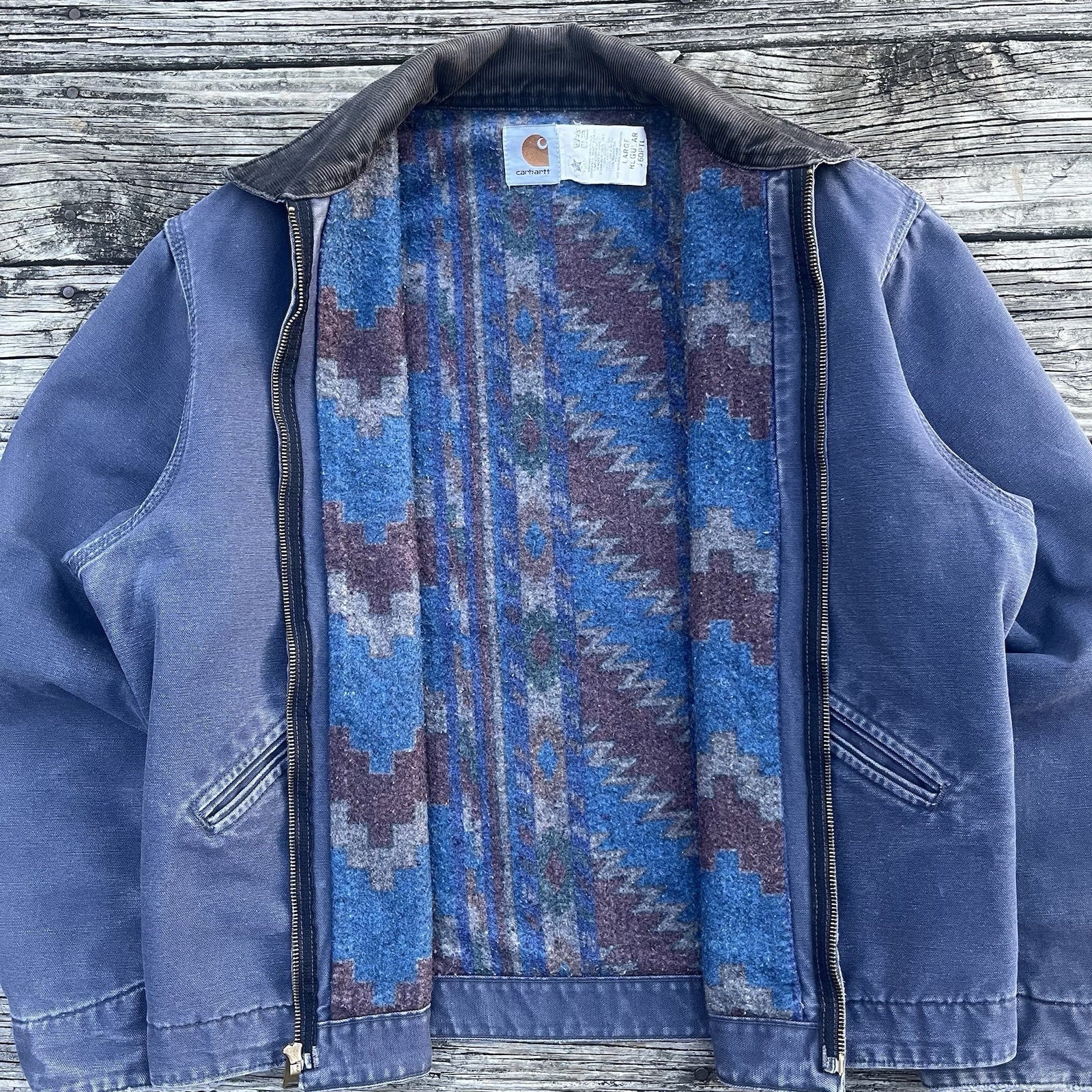 vintage 90’s carhartt j60 ptl aztec lined detroit jacket in petrol size large