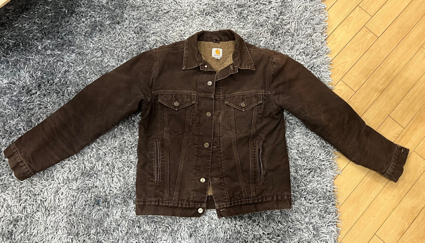 Carhartt Men's J233 DKB Dark Brown Sherpa Lined Trucker Jacket Size Medium