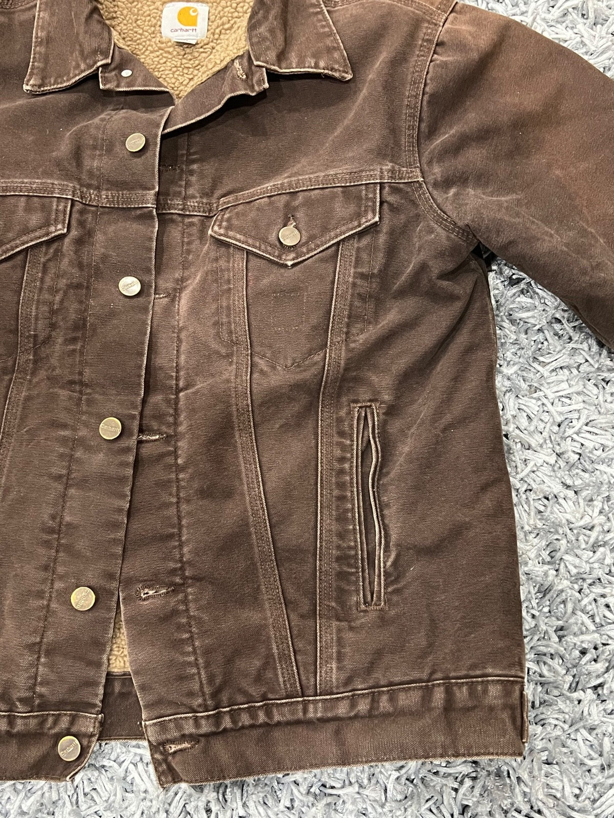 Carhartt Men's J233 DKB Dark Brown Sherpa Lined Trucker Jacket Size Medium